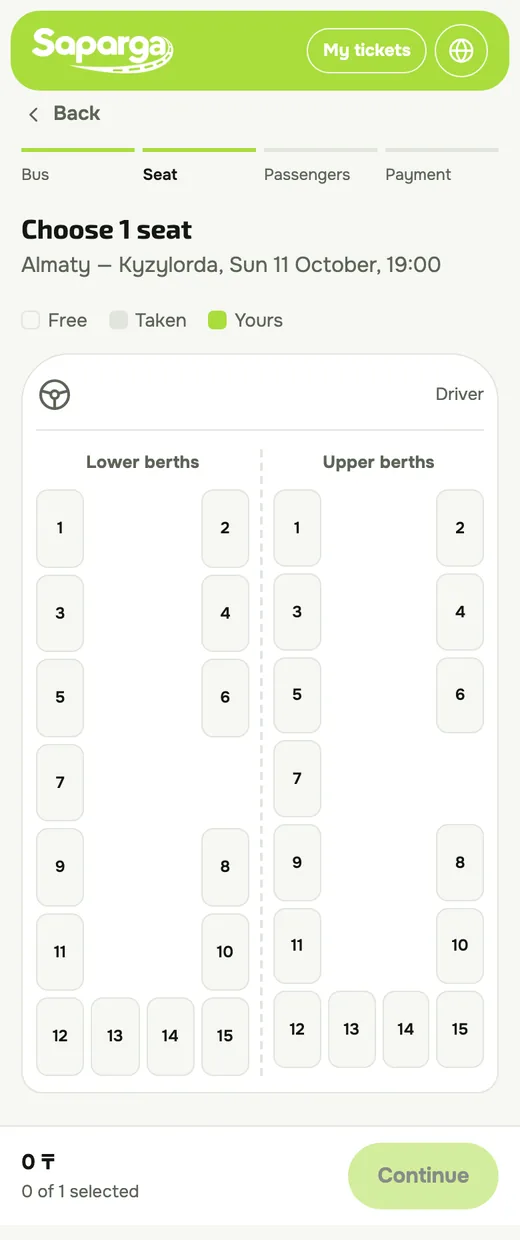 Choosing a bus seat on saparga.kz